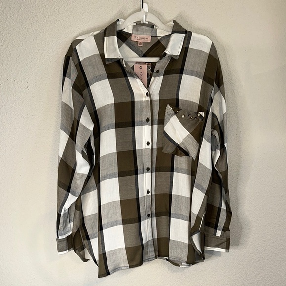 Philosophy Tops - Philosophy Olive and‎ White Checkered Button Down Shirt